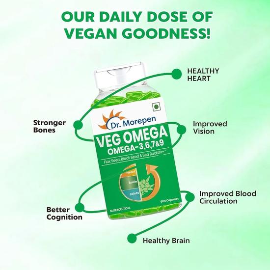 DR. MOREPEN Veg Omega 3 6 7 9 Capsules 500mg Flax Seed, Black Seed & Sea Buckthorn - 60 Veg Capsules