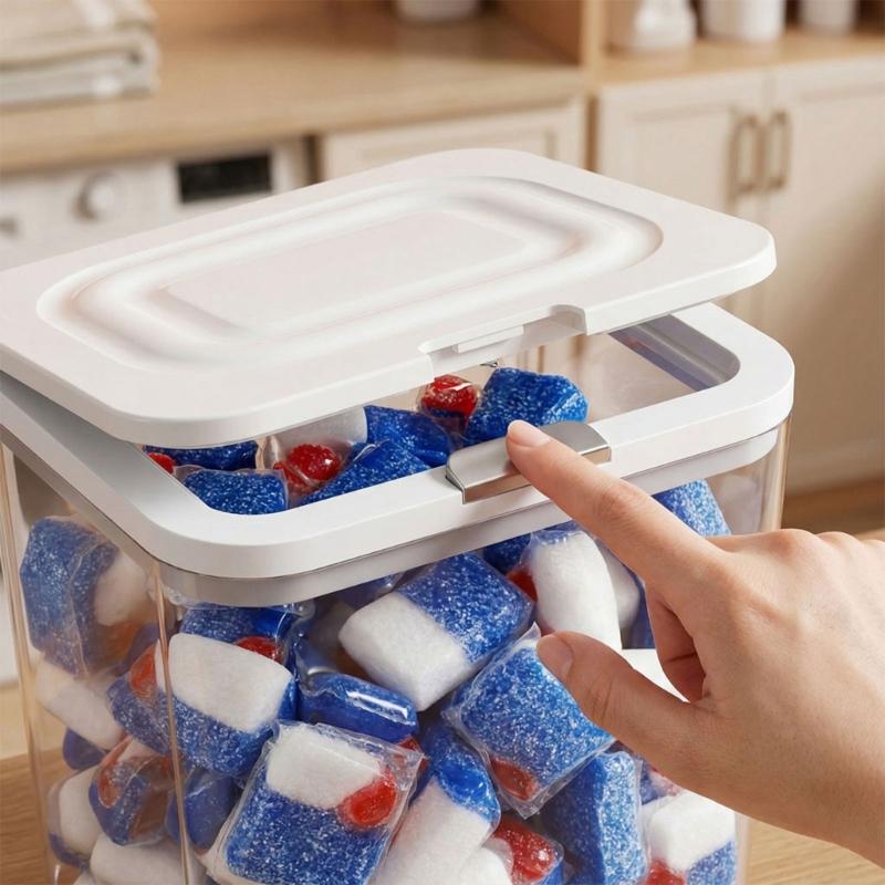 Covered Household Storage Box with Lid, See Through Plastic Organiser for Kitchen Cabinets and Laundry Room Use