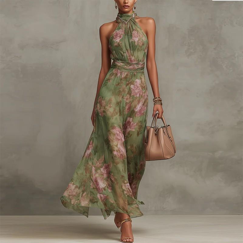 Elegant Off-Shoulder Sleeveless Floral Print A-Line Maxi Dress 2026 High-Waist Fit Green Small верде