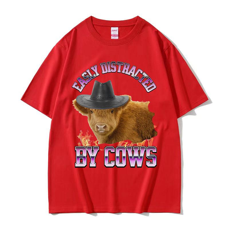 Easily Distracted By Funny Cows Meme TShirt Unisex Summer Casual ONeck Cotton T Shirt Retro Oversized Short Sleeve Tshirts