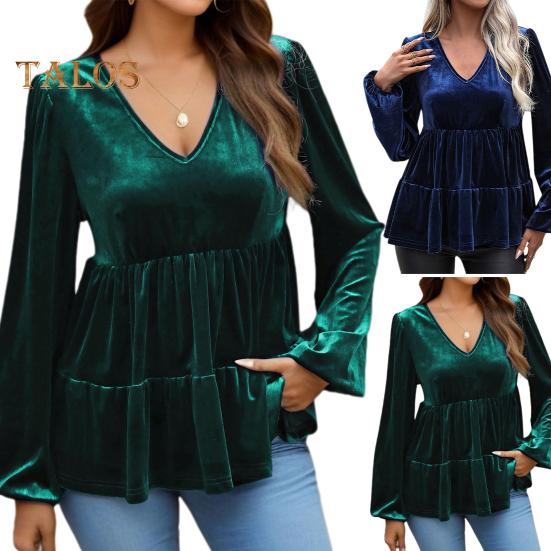 Women Tops V-Neck Lantern Long Sleeve Solid Color Pullover Tops Ruffle Stitching Hem Loose Fit Velvet Shirt