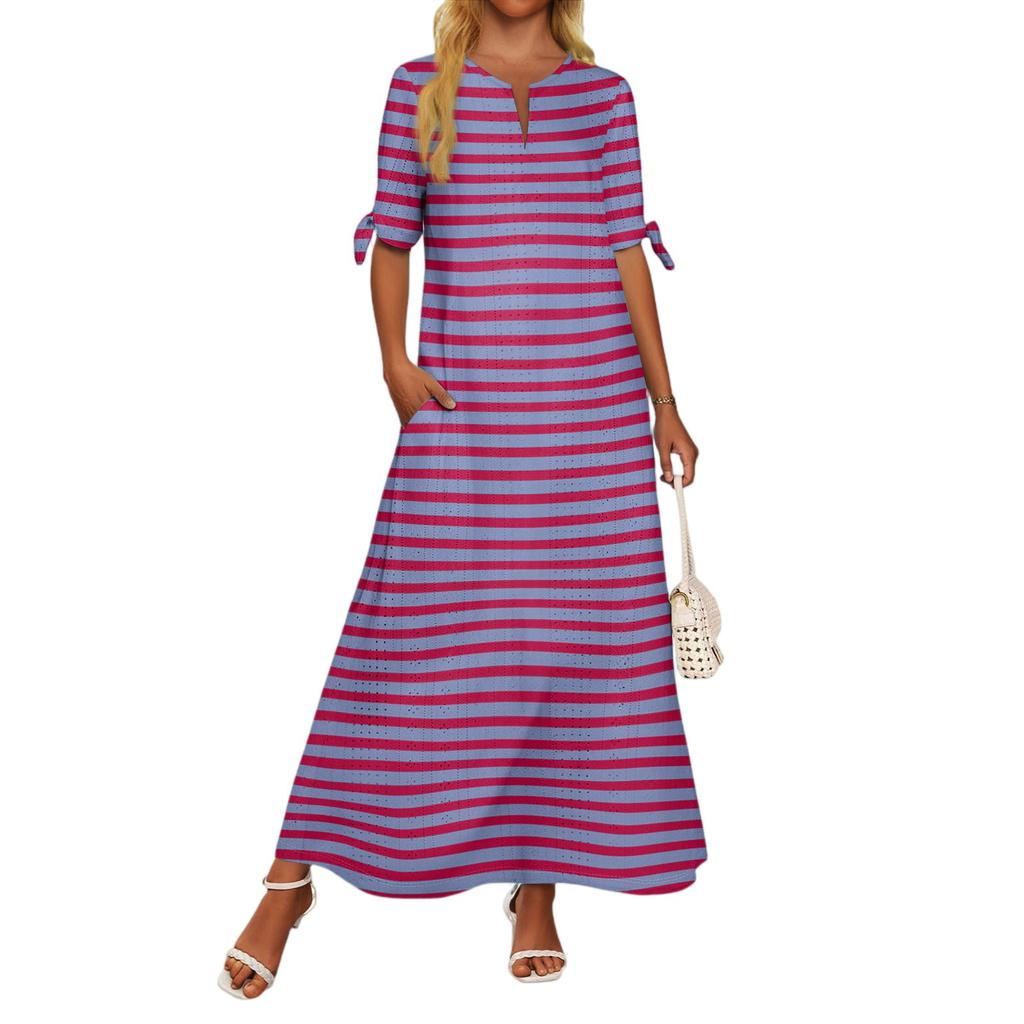 Ladies Casual Fashion Temperament Elegant Waist Striped Long Dress