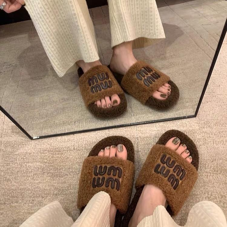 Wool version thick-soled letters fleece thermal slippers women's autumn and winter color matching word casual thick-soled fluffy shoes winter wear
