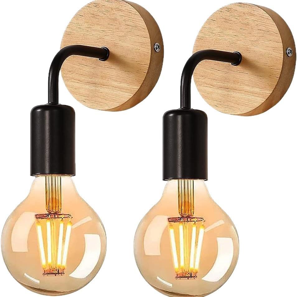 Modern Minimalist Iron Wall Lamp With Wooden Base For Bedroom Living Room Decor