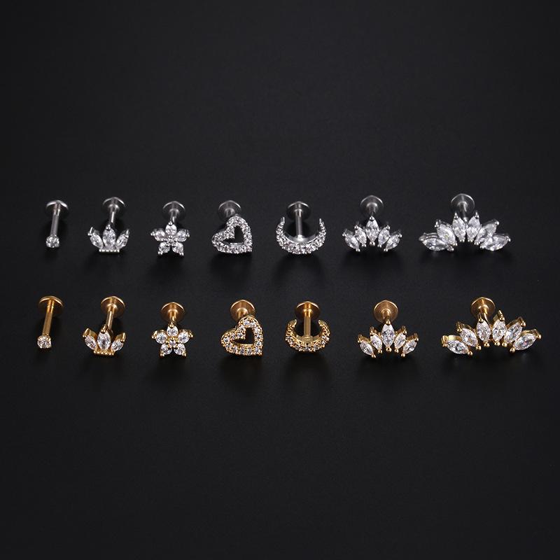 16G 1.2mm Stainless Steel Zircon Moon and Star Lip and Ear Studs Body Piercing Jewelry
