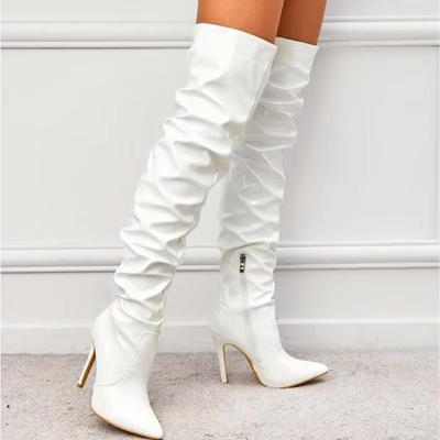 Mode Style Romain 2025 Automne Hiver Nouvelle Mode Uni PU Bout Pointu Talon Haut Fin Zips Au-Dessus du Genou Chaussures Longues pour Femmes Bottes