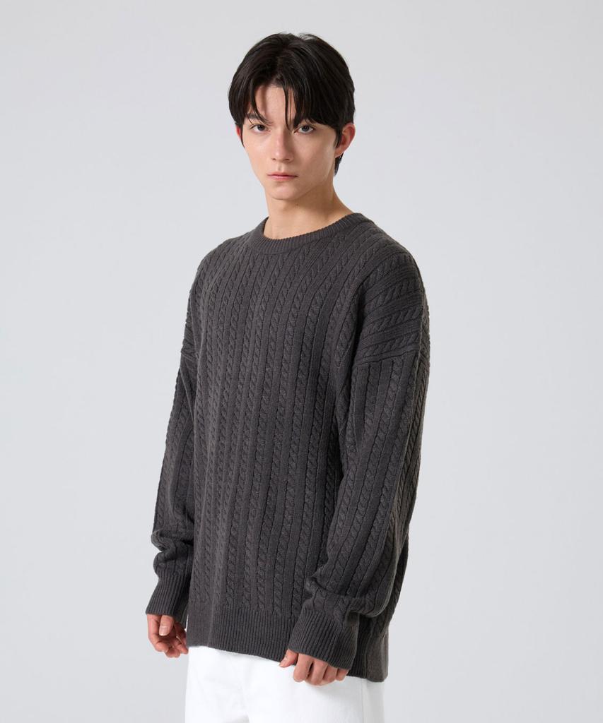 AGOD Crew Neck Oversized Cable Sweater Knit [Charcoal]