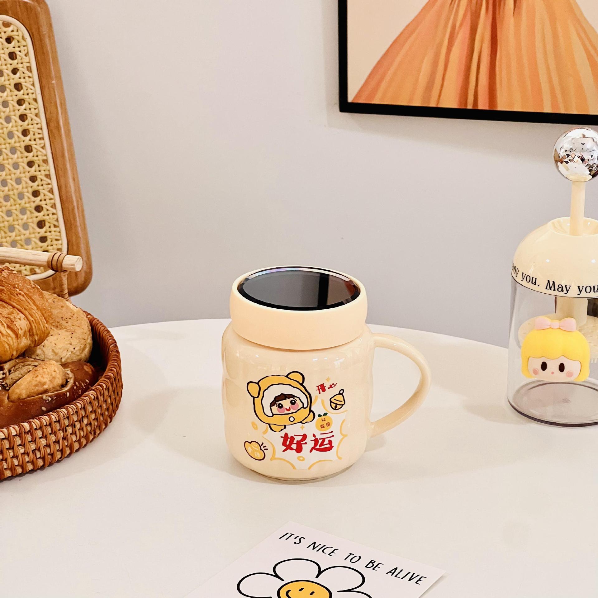

National Trend Blessing Ceramic Cup with Lid Household Mug Cartoon Cute Mirror Cup Wedding Sister Hand Gift Water Cup 480