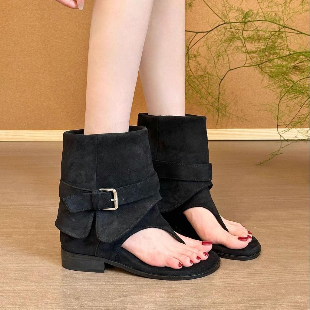 Natal Spice Girls Boots! Suede toe inner heightening trouser boots women's summer one-word buckle thick heel cool boots
