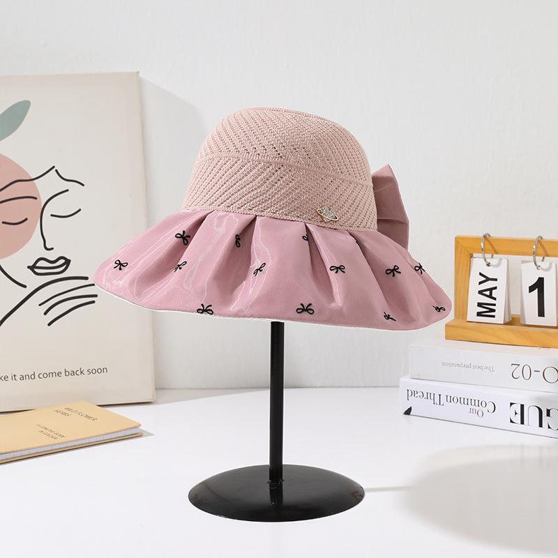 

Hat women s knitted summer travel hollow bow sun hat enlarged brim sun protection and UV protection sun hat One Size
