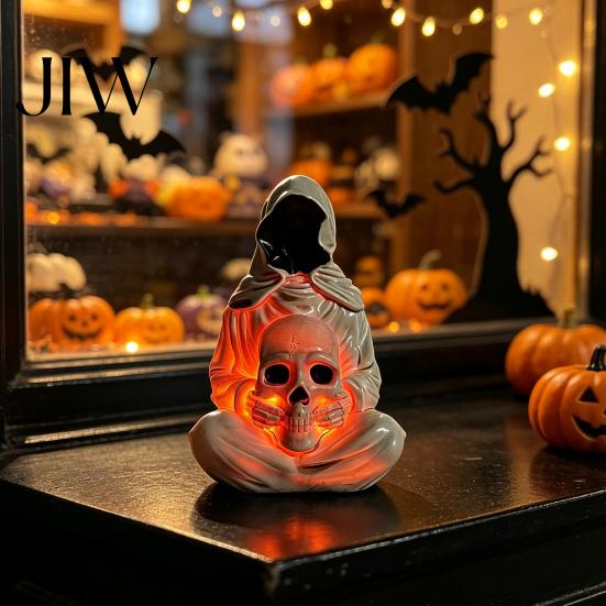 Handcrafted Sculpture for Indoor Tabletop Halloween Skull Light, Spooky Gothic Style Ornament, Waterproof Decorative Light Ornaments Garden Tabletops