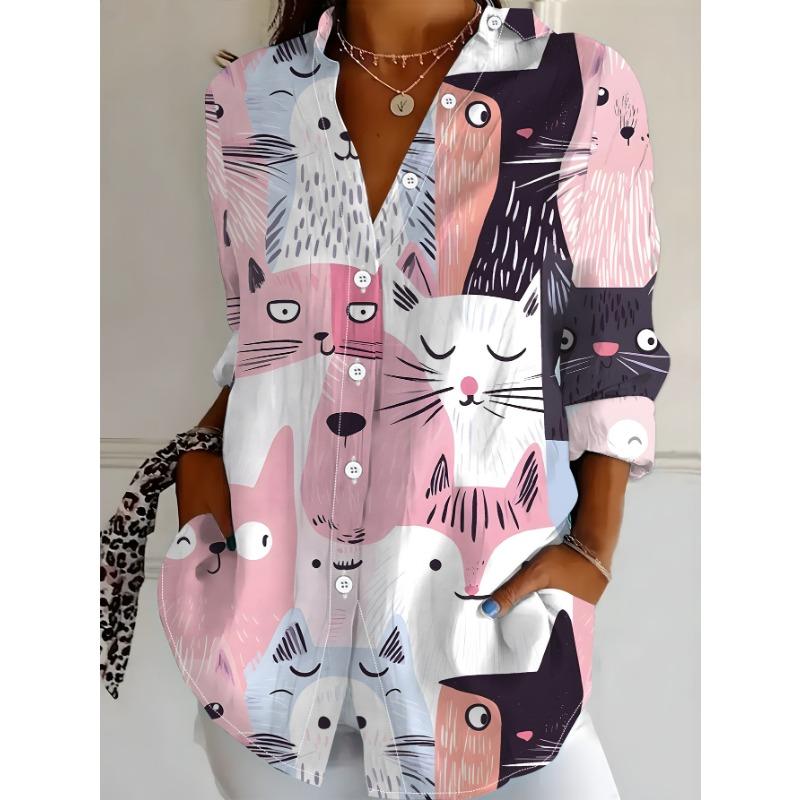 Plus Size Women's Long Sleeve Shirt Cute Cat Print Shirt