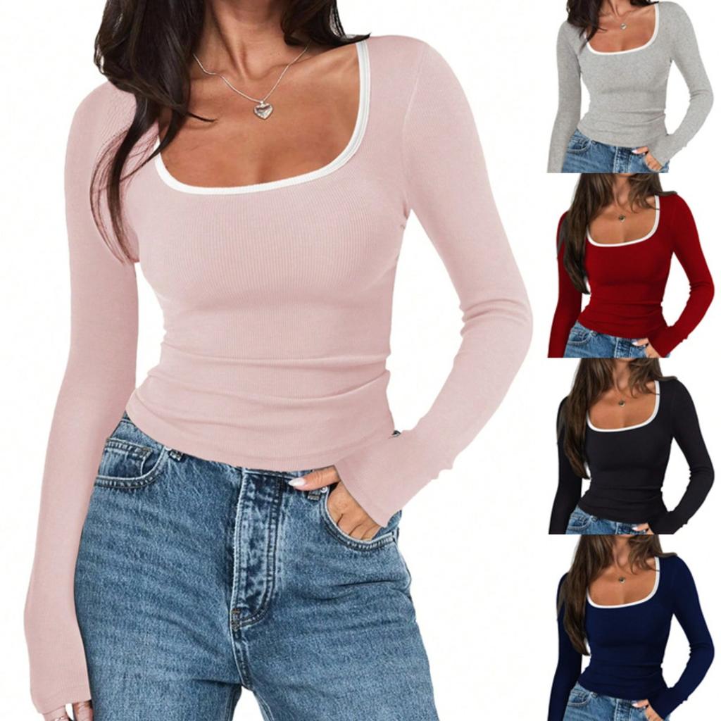 Women's Square Neck Long Sleeve Slim Fit Contrast Trim Ribbed Knit Basic Tee Fashion Crop Top