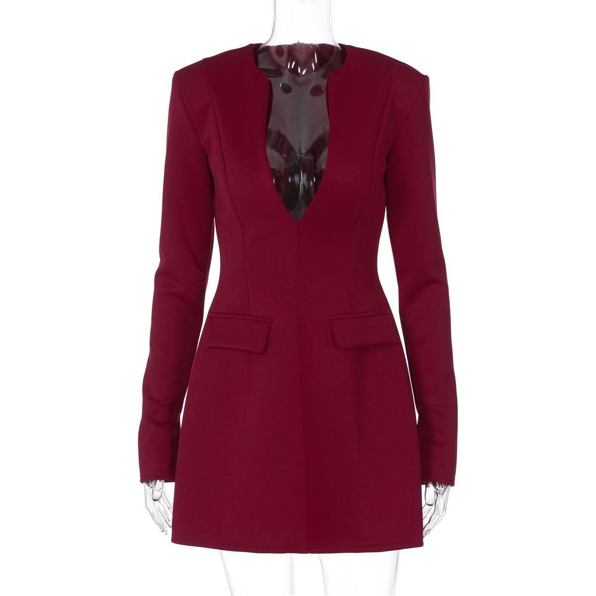 

2025 зимняя новинка модное платье темпераментное с v-образным вырезом сзади на молнии однотонное с длинными рукавами L