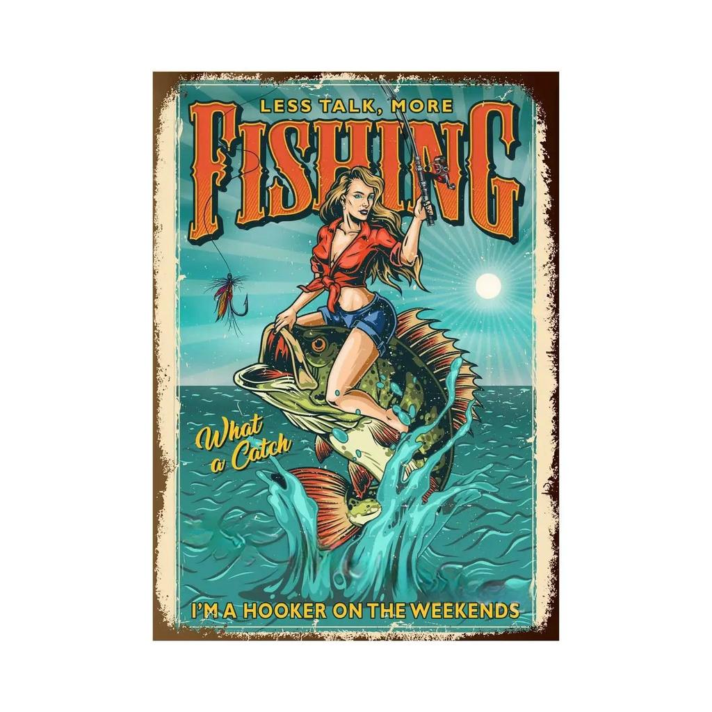 Fishing Metal Tin Sign Fishing Sign Vintage Metal Plate for Wall Poster Farm Art Decoration Stickers Plaques 8X12 Inch