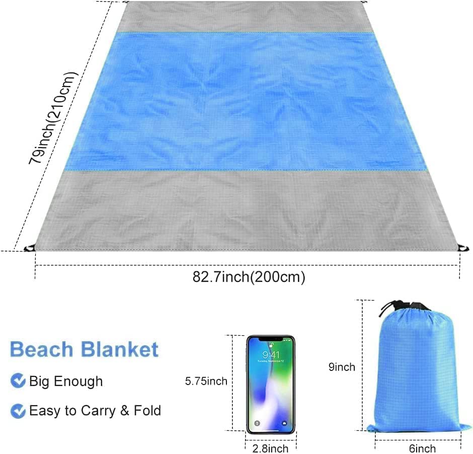

Пляжное одеяло, 79 дюймов × 83 дюйма Одеяло для пикника Водонепроницаемое и пескозащитное очень большое одеяло, портативное водонепроницаемое мягкое быстросохнущее уличное одеяло, синее