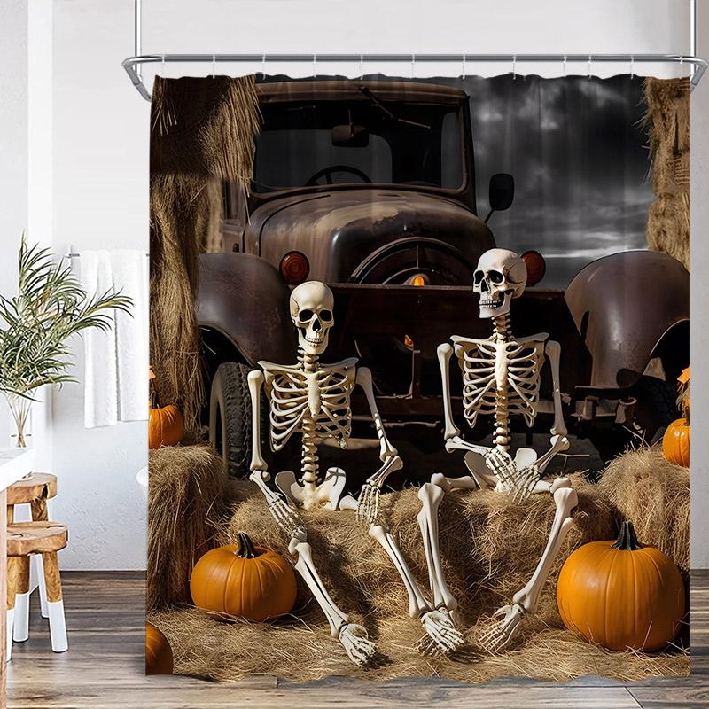 Horror Halloween Shower Curtain Forest Dead Trees Tombstone Crow Black Cat Skeleton Bath Curtains Home Bathroom Decor with Hooks