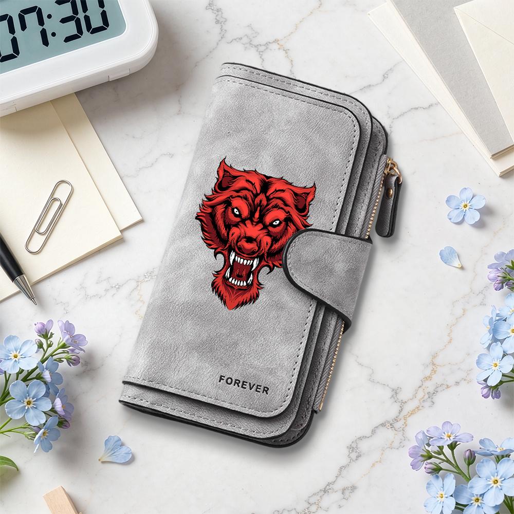 Men's Cool Wolf Pattern Long Wallet Multi Card Slots Fashion Casual Portable Durable Zipper Purse