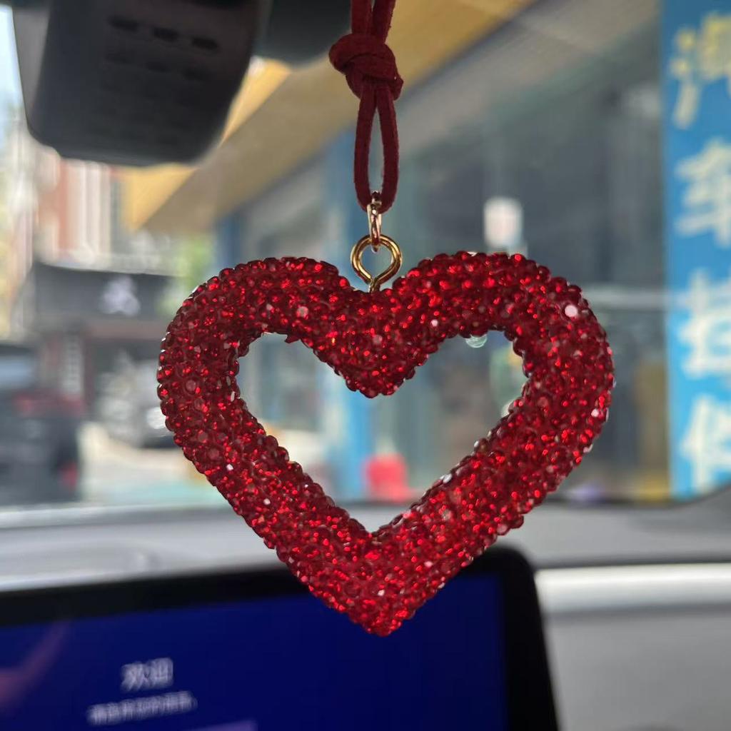 Ceramic Heart Car Pendant Full of Diamonds Mirror Hanging Ornament Keychain for Automobiles