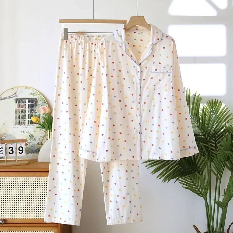 

2025 Новый женский пижамный комплект весна/лето 100% хлопок с длинным рукавом и длинными брюками из двух предметов, кардиган, домашняя одежда, одежда для сна M