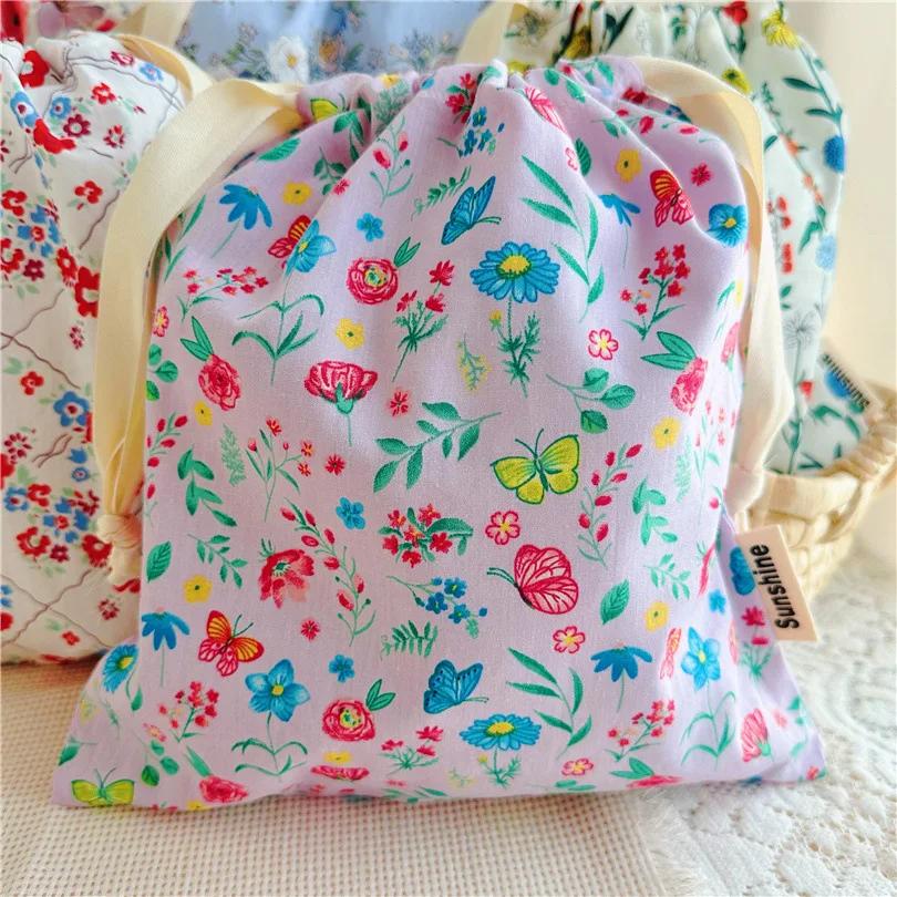 Portable Organizer for Underwear Socks Bra Cotton Makeup Bag Travel Drawstring Bags Ins Flower Print Clothes Cosmetic Bags
