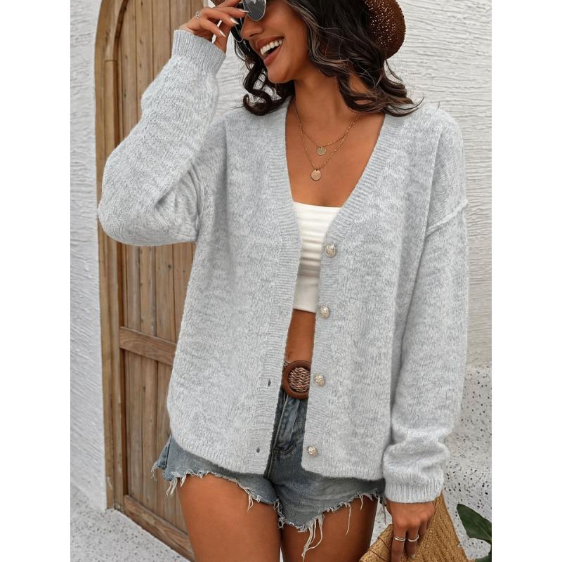 Women S V Neck Long Sleeve Buttoned Knit Cardigan Lazy Casual Loose Sweater