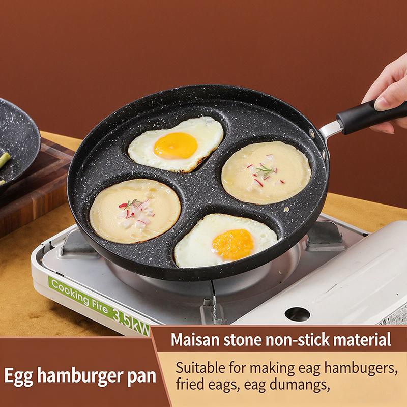 Non Stick 3 4 Hole Egg Frying Pan Wooden Handle Multi Section Skillet for Home Breakfast or Burger Making