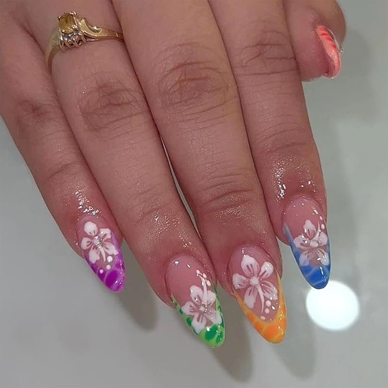 Colorful French Tip Press on Nails Glossy Nude Fake Nails Short Oval Lines Glue on Nails Reusable Acrylic Stick on Nails for Women
