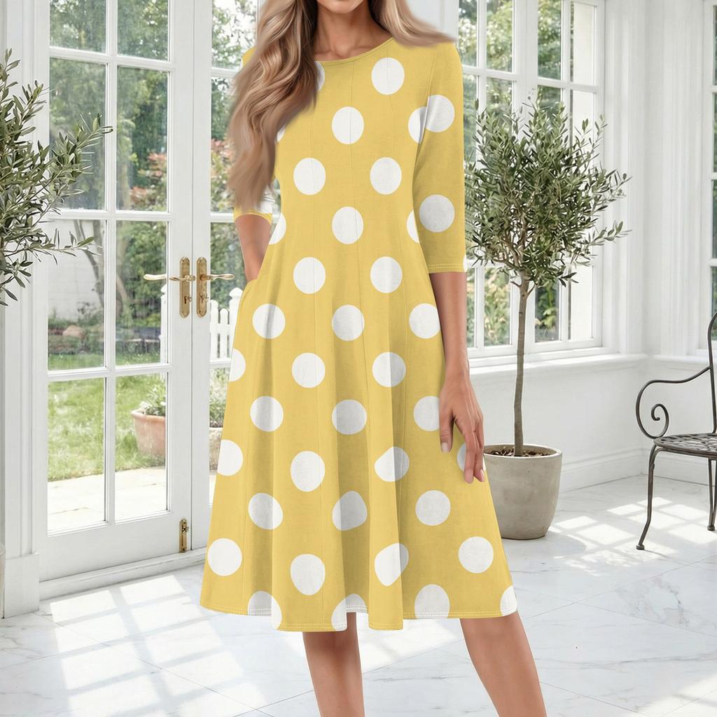Women's Casual Fashion Round Neck Three Quarter Sleeve Polka Dot Printed Mid Length Dress Comfortable Loose Fit Everyday Wear