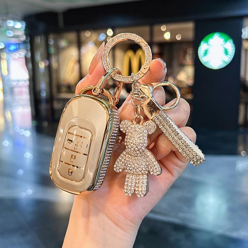 Car Key Case Cover Shell For Honda Civic Car Accessories Cute Bear Keychain, Diamond Car Key Holder