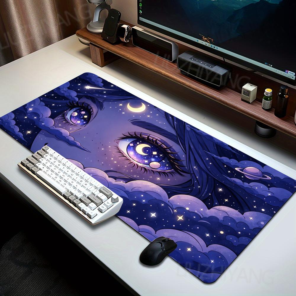 Dreamy Celestial Starry Anime Girl Mouse Pad Purple Night Moon Cloud Large Desk Mat Gaming Non-Slip Rubber Keyboard Decor Mat