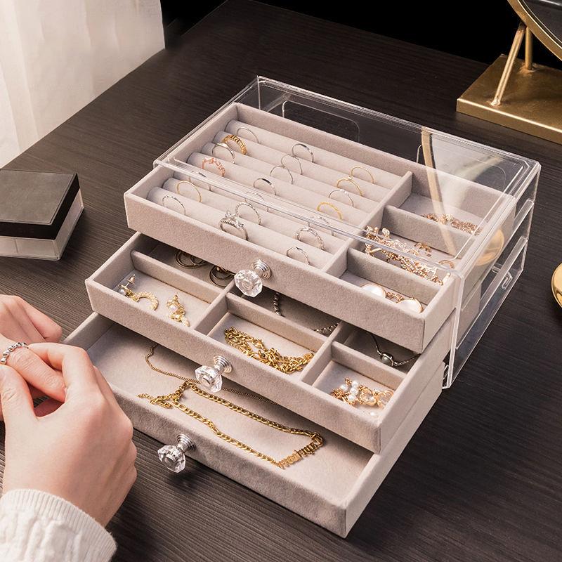 Velvet Jewelry Organizer With 3 Drawers Stackable Display Storage Earrings Necklace Bracelets Box
