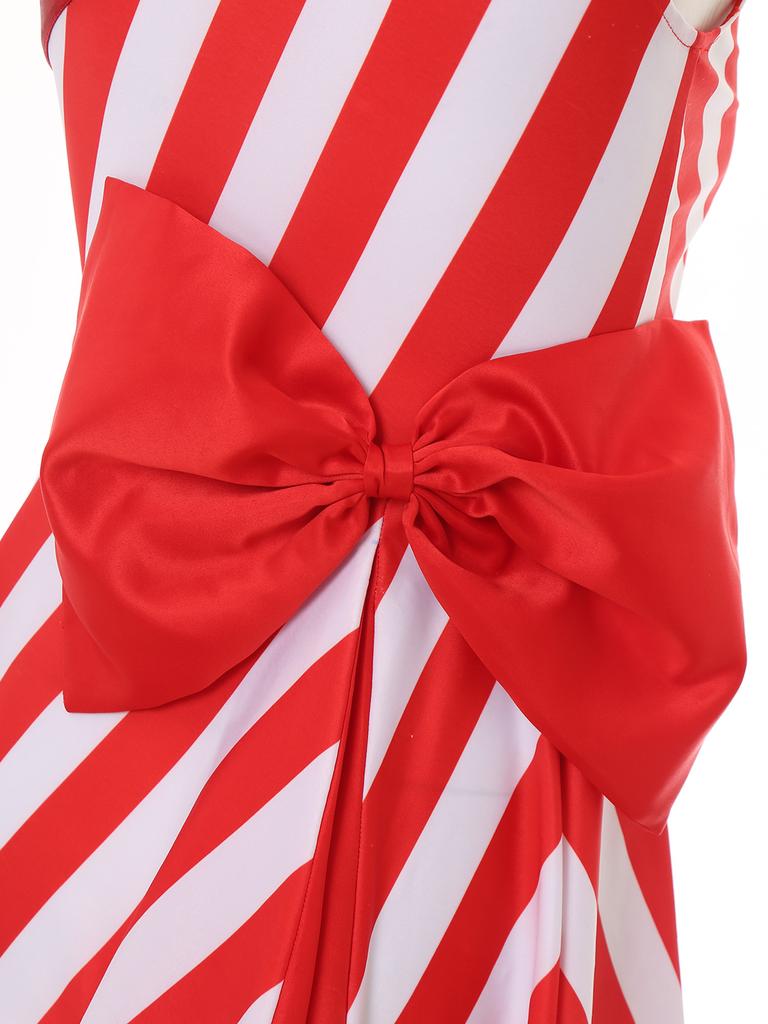 Womens Christmas Party Dress Single Shoulder Sleeveless High Waist A Line Design Bow Knot Stripes Holiday Festival Costume