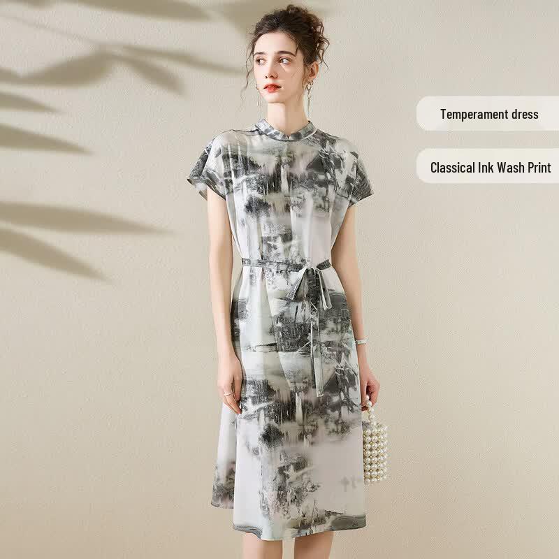 TUHUANG Mulberry Silk Chinese Style Ink Wash Tie-Dye Dress
