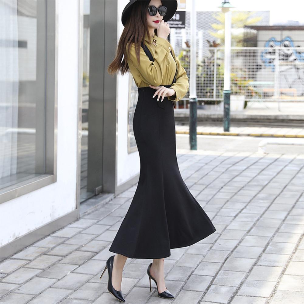 Women's High Waist Flare Suspender Skirt Slim Fit Long Midi Skirt