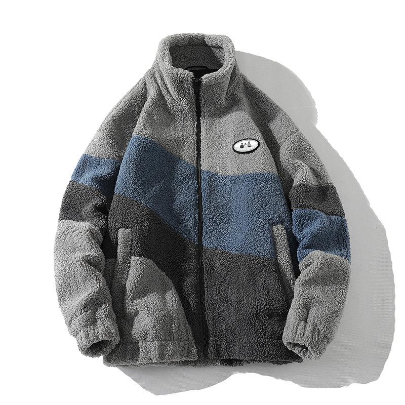 Autumn and Winter Lamb Wool Jacket for Male Couples, Lamb Wool Stand Up Collar Jacket, Color Blocked Versatile Top
