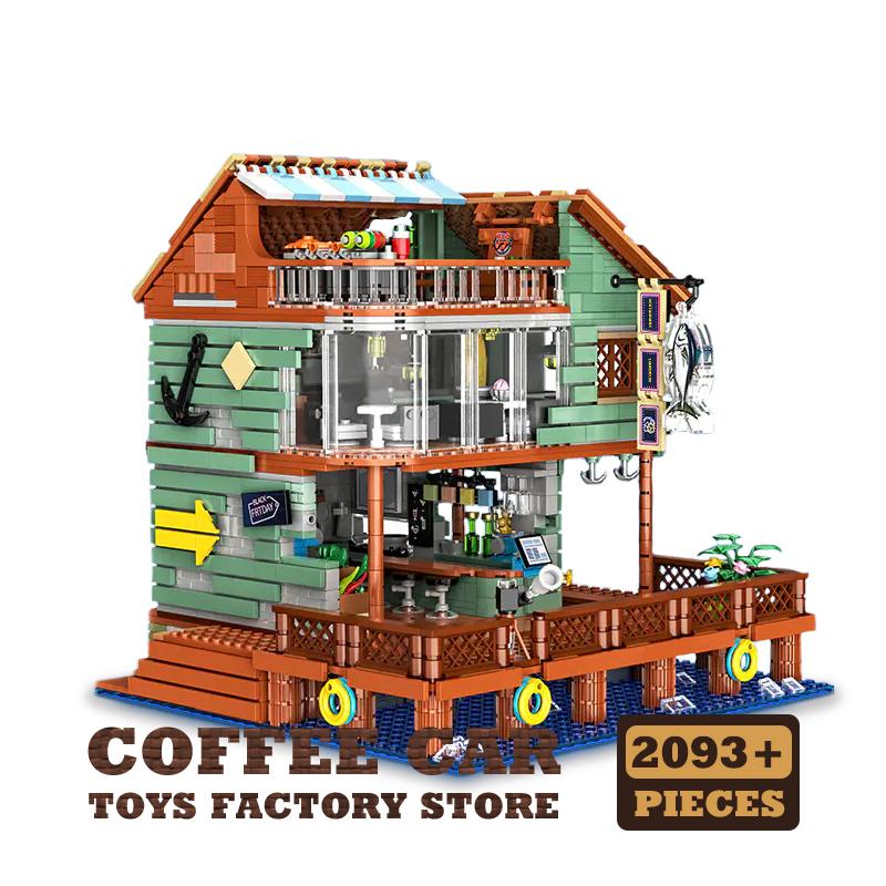 Fischerdorf Blockhaus Micro Bricks Modell Fischerladen Steine MOC Sets Stadtansicht Kai Gebäude Spielzeug Erwachsene Kinder Geschenke
