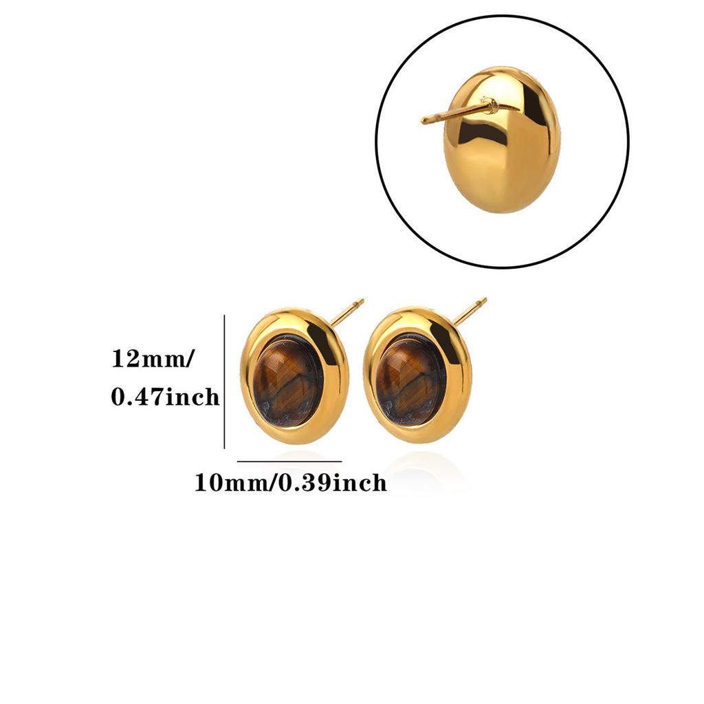 Oval Pearl‑Amber‑Stone 18K Gold‑Plated Stud Earrings, Versatile Women Ear Jewelry