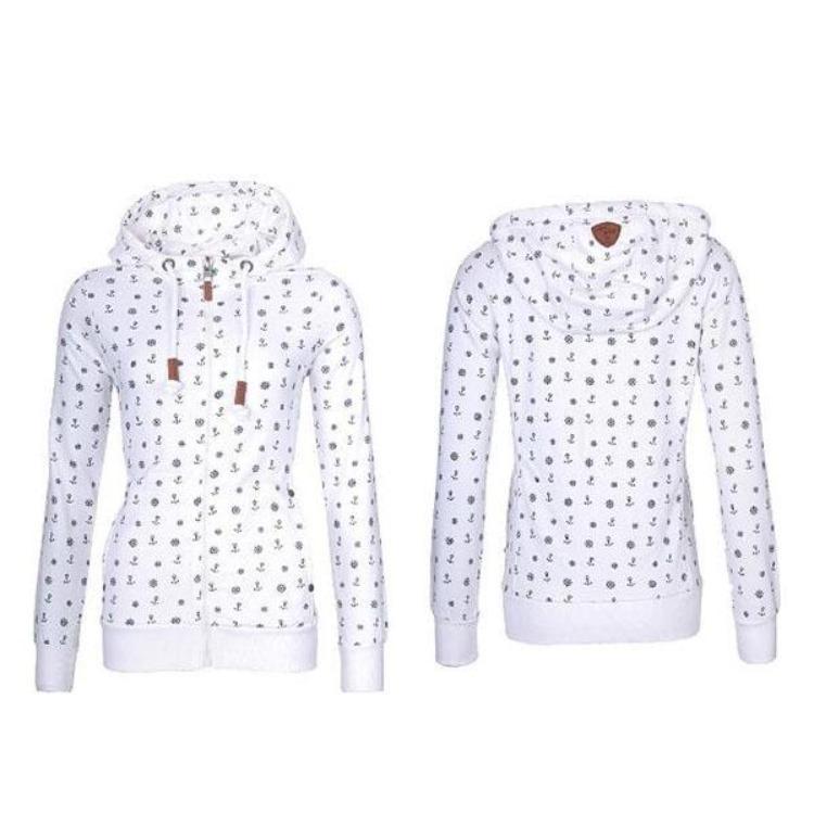 Dámská ležérní nadměrná fleecová mikina s kapucí, na zip, svetr, pulovr, topy, mikina s potiskem mořské kotvy