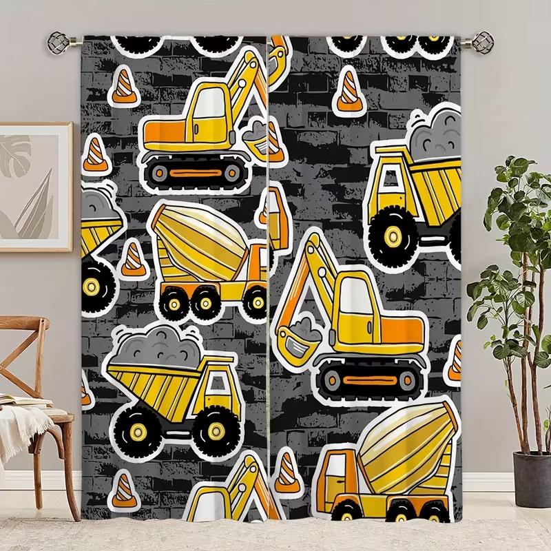 2 Stück Vorhänge mit Baustellenfahrzeug-Print, geeignet für Schlafzimmer-, Wohnzimmer-, Küchendekoration, Heimdekoration, Fensterdekoration