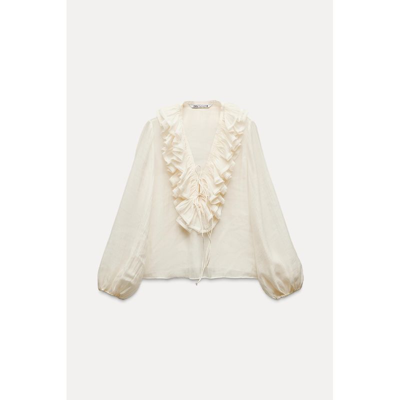 Zaprha Fashionable Shoelace Drape Smock Top Deep V Neck French Ruffles Long Sleeves Shirt for Women 8544207