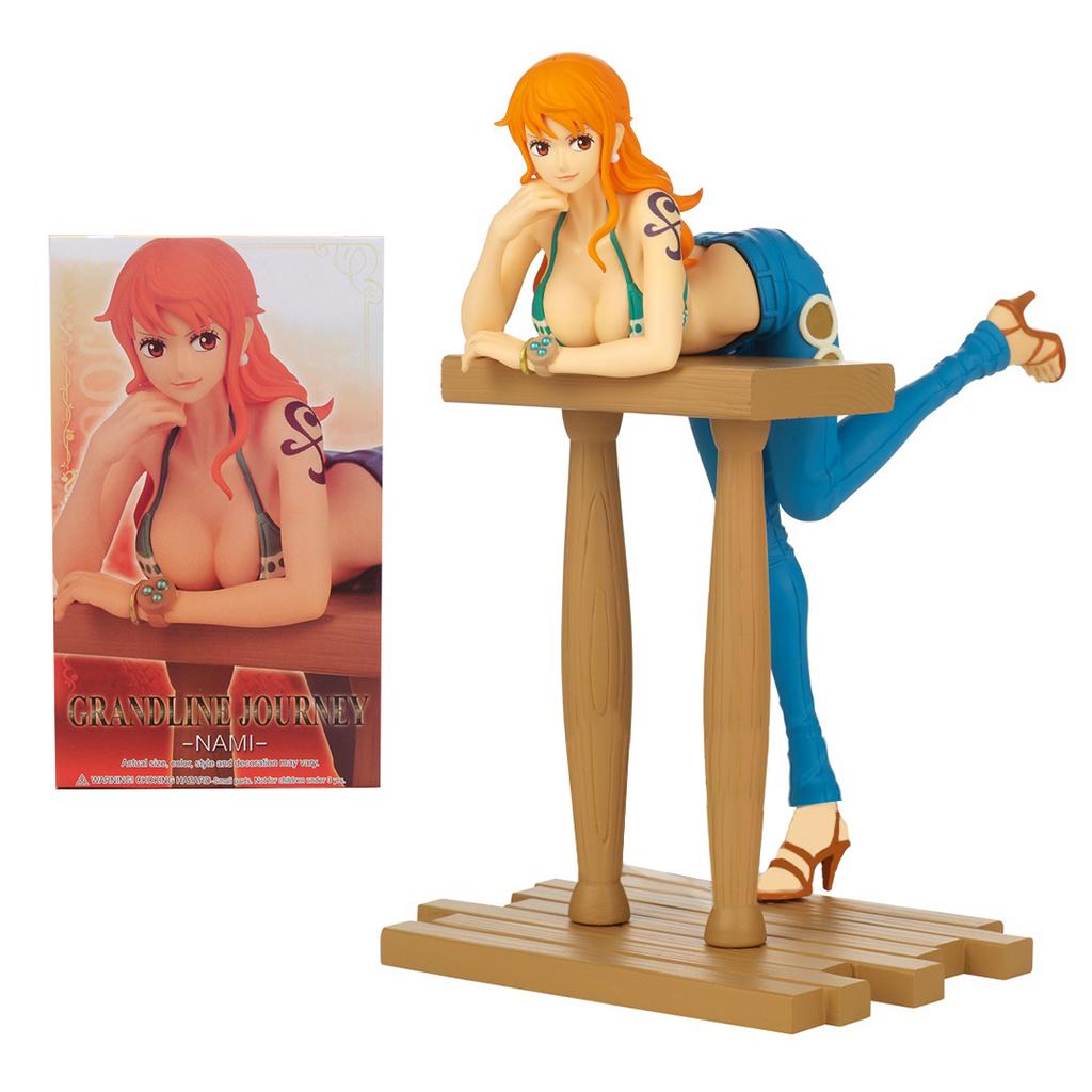 17CM Anime One Piece Nami Figure Lying Pose Booth Model Bar Counter Toy Gift Collection Jeans Dress Up Action Figure PVC