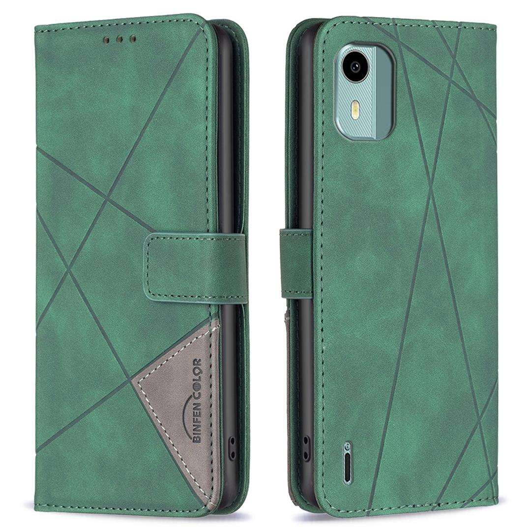 

BINFEN COLOR For Nokia C12 4G/C12 Pro/C12 Plus Phone Cases Wallet Stand Geometry Imprinted Leather Cover Green