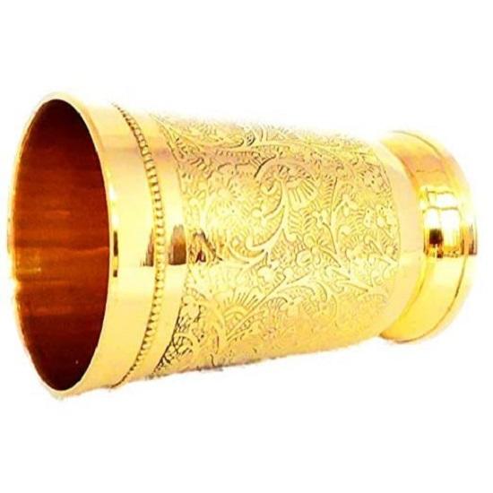 Pure Brass Glass Tumbler with Etching Art Finish, Indian HANDWORKED, (Pack of 2)