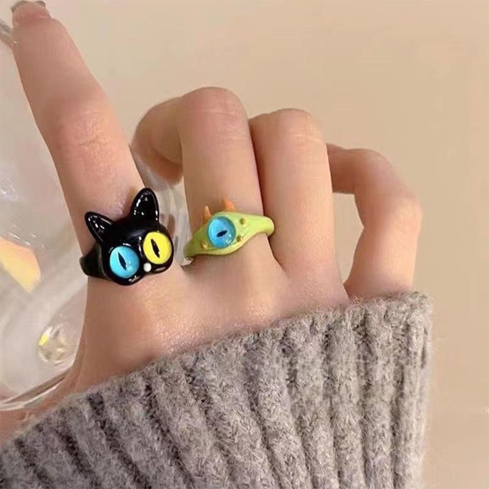 Funny Black Cat Green Monster Ring Fashionable Personalized Opening Adjustable Ring Jewelry Accessory