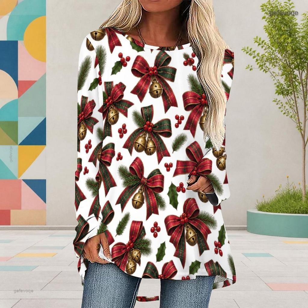 Women Plus Size White Christmas Printed Round Neck Long Sleeve Loose High Low Hem Shirt