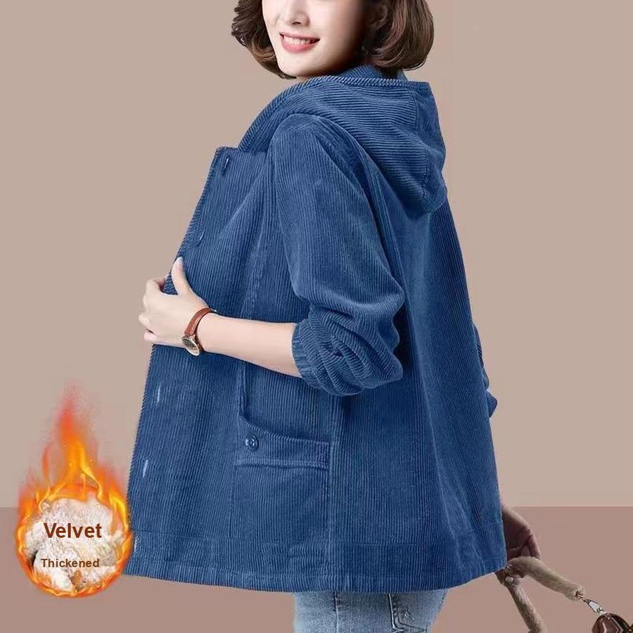 Autumn Winter New Corduroy Fleece Thick Hooded Sweatshirt Jacket Casual Loose Slim Fit Plus Size for Middle-Aged Moms