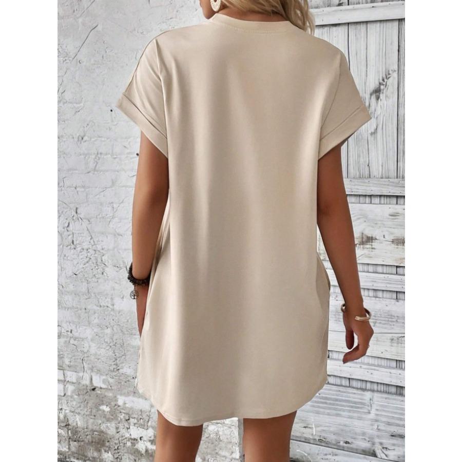 2026 New Women's Spring Summer Solid Color Round Neck Loose Fit Short Sleeve Pocket Casual Beach Dress