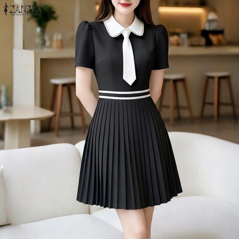 ZANZEA Women Splice Collar Casual Short Sleeve Elegant Pleated Dress