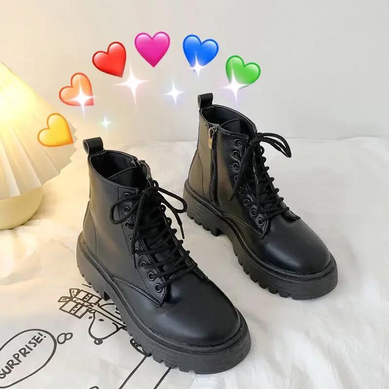 Fashion Plus Size 43 Women Motorcycle Ankle Boots Wedges Female Lace Up Platforms Black Leather Oxford Shoes Woman 2025